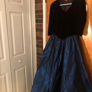 Vintage Beautiful Black Velvet and Blue Flare Maxi Gown with Large Back Bow